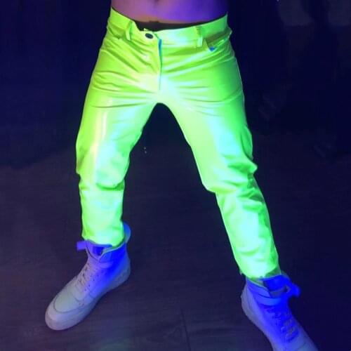 Bar Nightclub Stage Fluorescent Green Elastic Slim Leather Pants Singer Dancer Concert Performance Skinny Trousers Male Clothes