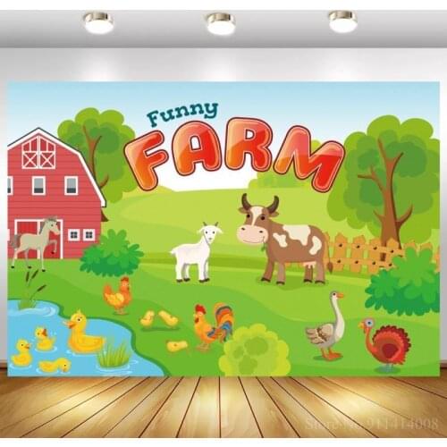 Farm Theme Photography Backdrops Red Barn Green Grassland River Tractor Animals Photo Background Kids Birthday Party Backdrop