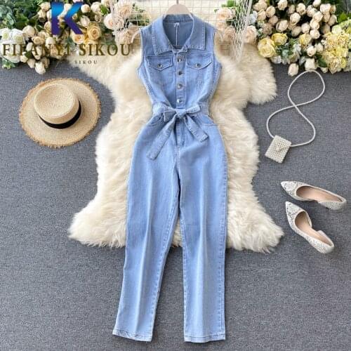 Blue Denim Overalls Women Summer Fashion Pocket Lapel Sleeveless Jumpsuits Casual High Waist Rompers Female Loose Jeans Jumpsuit