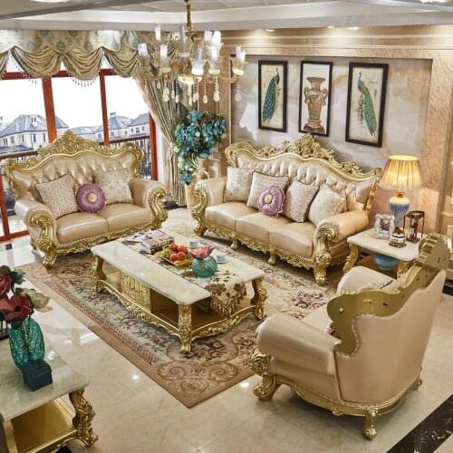 European-style Leather Sofa Combination 123 Luxury Living Room Furniture All Solid Wood Oak Sofa Dream Champagne