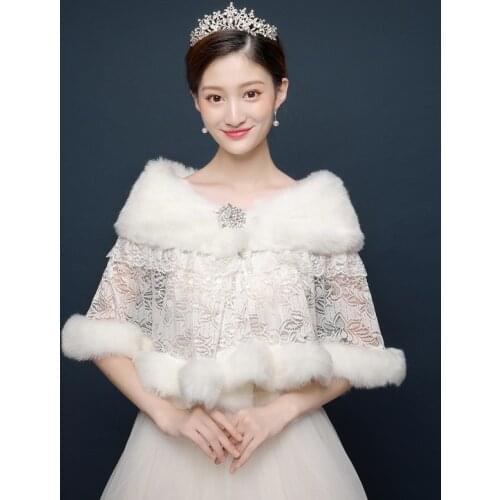 LZL Home Wedding dress accessories shawl bride Ivory lace shawl special occasion dress cloak faux leather winter warm cloak