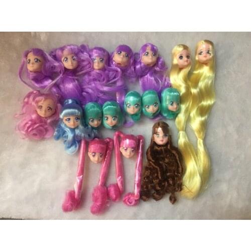 Cute Licca Long Hair Doll Heads Pink Yellow Purple Green Hair Doll Heads Licca Heads Girl Gift 18 Inch Doll Accessories