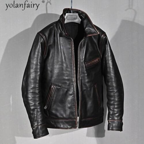 2020 New Real Cow Leather Jacket Men Vintage Cowhide Mens Genuine Leather Coat Luxury Clothes Mens Leather Jackets KJ4711