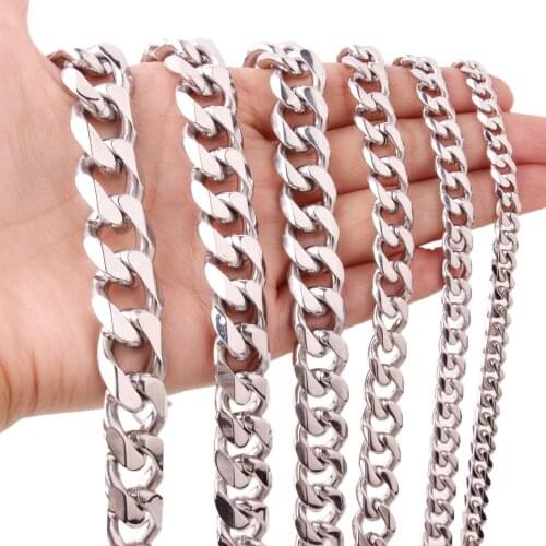 2020 Trend Goth Mens Necklace ON The Neck Silver Color Stainless Steel Choker Cuban Link Chain 5/8/10/12/15/17/19mm Wide Gifts