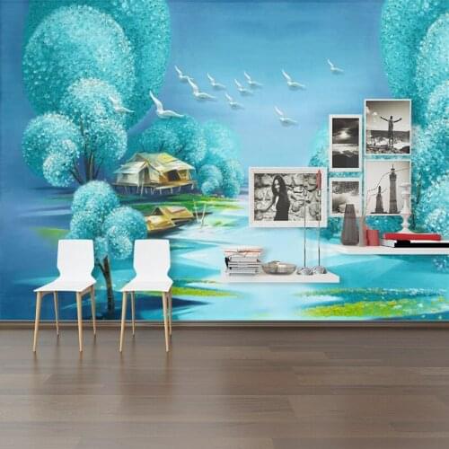 Custom Mural Wallpaper Minimalism Oil Painting Style Dream Forest Town Background Wall Painting