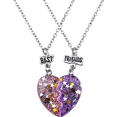 Unisex 2 Pcs BFF Necklace Womens Heart Pendant Best Friend Letter Necklace Fashion Couple Chain Necklace Men Friendship Jewelry