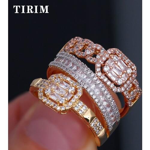 TIRIM Luxury Noble Women Rings Interlacing Line Wide Surface Baguette CZ for Festival Wedding Engagement Jewelry Accessories