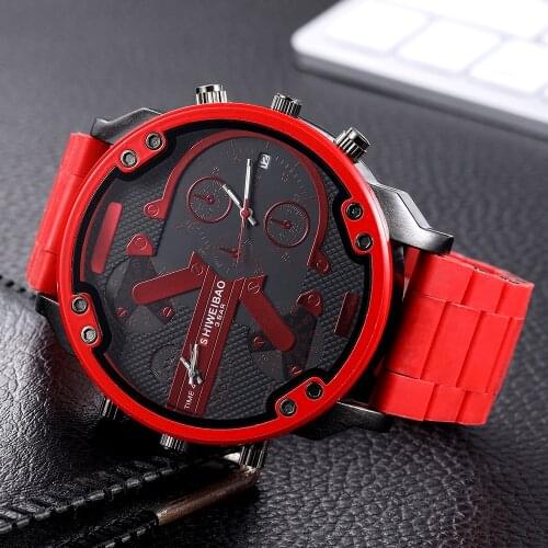 Luxury Brand Men Watches Big Dial Red Steel Strip Dual Time Display Creative Quartz Military Sport Wristwatch Relogio Masculino