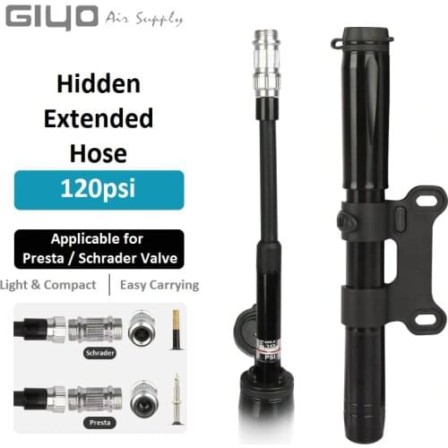 Giyo Bicycle 120psi CNC Alloy Hand Pump MTB Mini Inflator Road Bike Schrader Presta Valve Tire Inflator Cycling Hidden Hose Pump