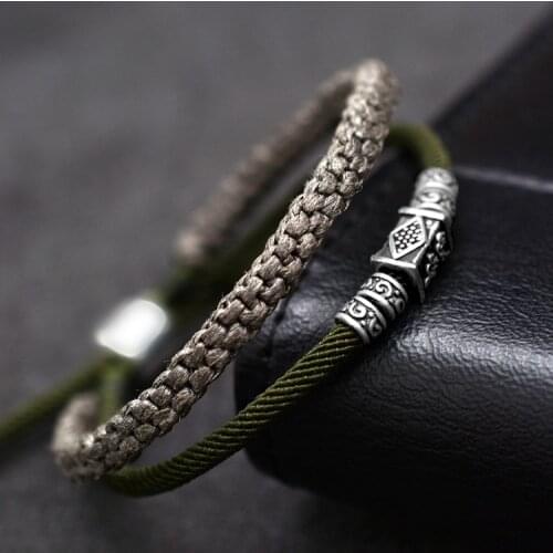 Handmade Vintage 925 Silver Beads Braided Bracelet Pure Silver Good Luck Symbol Beads Bracelet