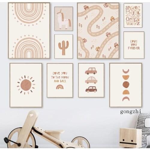 Sun Rainbow Unicorn Cactus Car Letters Boho Cartoon Posters Canvas Painting and Prints Nursery Wall Art Pictures Kids Room Decor