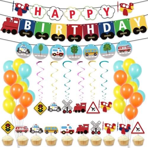 Transportation Theme Party Decor Set for Baby Kids Happy Birthday Supplies Banner Cake Topper Balloon Swrils Set