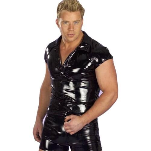 High Quality Men Exotic Apparel Lingerie Black PVC Material Fetish Erotic Underwear Top+Boxers Set For Men Gay Lingerie XXL