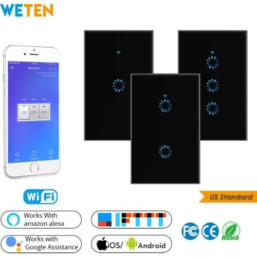 Wifi Smart Wall Touch Switch Glass Panel Ewelink APP Control Support Alexa Google Home US Black 1 2 3 Gang Wall Light Switch
