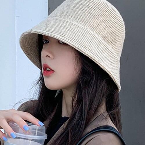 Women Bucket Hat Basin Caps Outdoor Travel Visor Hat Solid Color Wool Bucket Hat Drawstring Fisherman Vintage Knitted Basin Cap