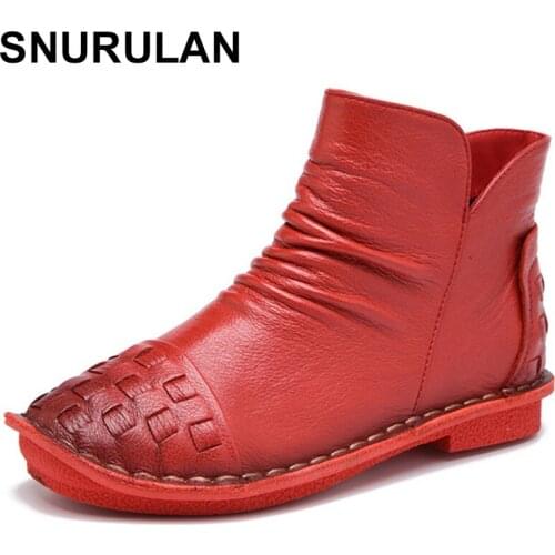 SNURULAN Genuine Leather Ankle Boots 2017 Autumn Fashion Woven Pleated Zipper Women Short Boots Soft High Top Flat Casual Shoes