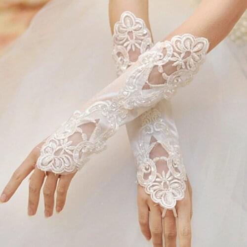 Women Bridal Long Gloves Fingerless Embroidery Lace Glitter Sequins Solid Color Elbow Length Mittens Hook Finger