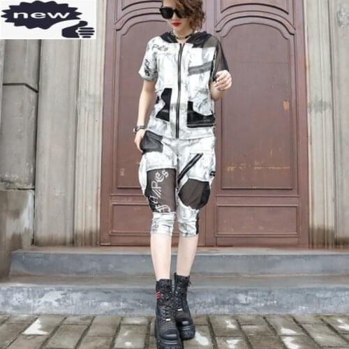 Personality Women Mixed Colors Tops Harem Two Piece Summer Street Mesh Patchwork Zip Hoodies Calf-Length Pants Set