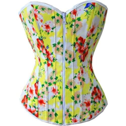Womens Fashion Floral Printed Zip-up Front Two Side Wear Reversible Lace-up Back Corset Bustier Plastic Boned Drop Ship
