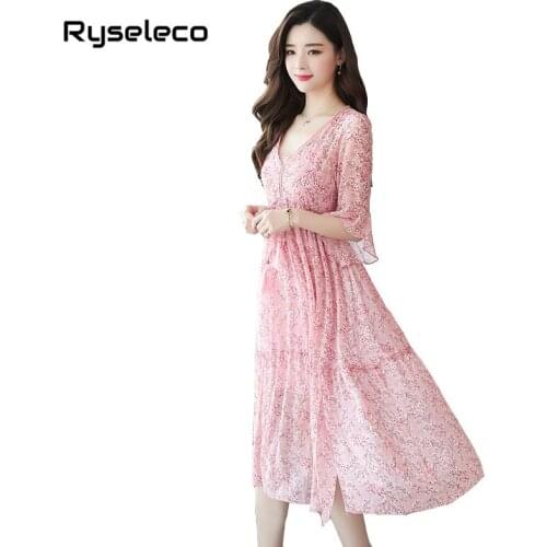 2018 Boho Chiffon Beach A-Line Midi Casual Dress Women Elegant Sweet Prints Deep V-Neck Ties Waist Ruffles High Splits Vestidos