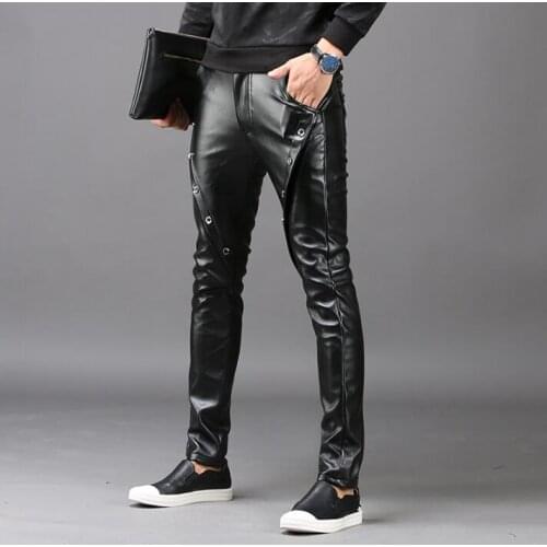 Winter personality fashion slim motorcycle faux leather pants mens feet pants pu trousers for men pantalon homme black autumn