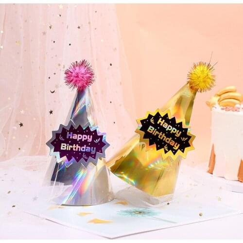 1-2Pcs/Set Gold Sliver Laser Bronzing Birthday Party Hats Paper Cone with Felt Pompoms Birthday Decoration for Kids Adults