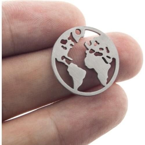 100% Stainless Steel Round Mini World Map Charm 20mm Globe Earth Pendant Matte Face DIY Jewelry Making Fitting Wholesale 50pcs