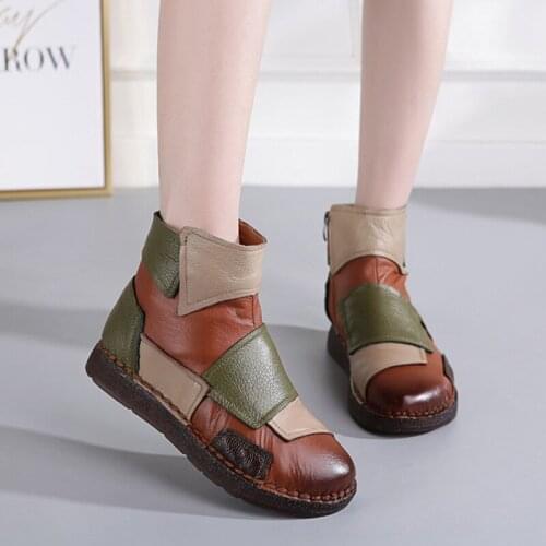 2020 Shoes Women Genuine Leather Winter Flat Boots Fashion Casual Retro Patch Ladies Shoes Botas Mujer Female Ankle Boot 35-40