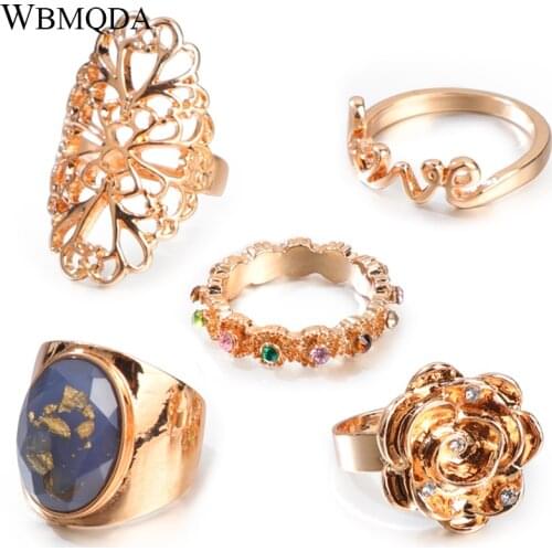 5 Pcs/lot Fashion Flower Word Love Ring Set Colorful Crystal Gold Midi Knuckle Rings For Women Bohemian Jewelry