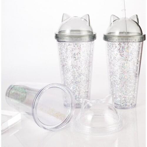 420ml Drinking Bottle with Straw Water Cup Flash Double-layer Leakproof Water Bottle Outdoor Sport Supplies Coffee Kitchen Tools