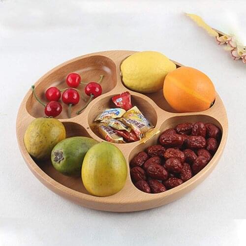 Wooden Fruit Serving Tray Household 5 Compartment Snack Dry Fruit Plate Candy Tray Round Divided Snack Plate Tray 25/30cm