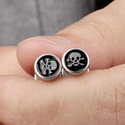 GorGor Stud Earrings Men Stainless Steel Flat Circle Pattern Skeleton Originality Statement Halloween Fashion Accessories TE-305