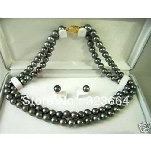 Hot Sell! 2row 7-8MM Black Freshwater Pearl Necklace(18") Earring Set