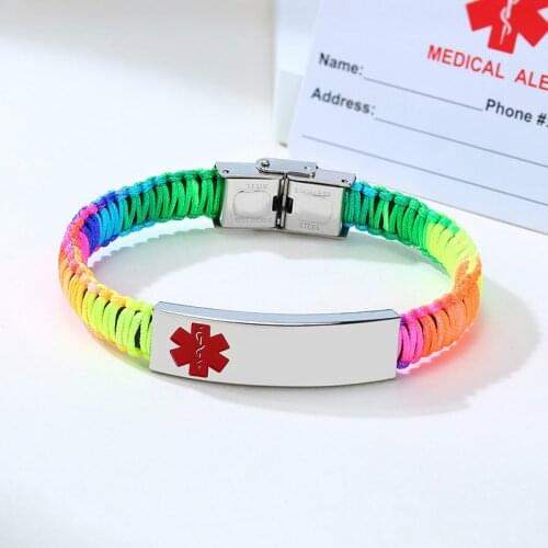 ENGRAVABLE MEDICAL ALERT ID BRACELETS JEWELRY FOR WOMEN MEN CHILDREN RAINBOW NYLON ROPE BRAID WATERPROOF BRACELET