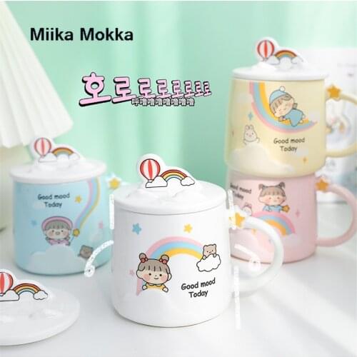 Rainbow Rabbit Bunny Cup 400ml Cute Kawaii Mugs Ins Three-dimensional Ceramic Cup Student Korean Style Cartoon Mug with Lid