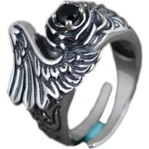 BOCAI new solid S925 pure silver jewelry retro craftsmanship inlaid zircon rose wings open Man ring Thai silver male ring