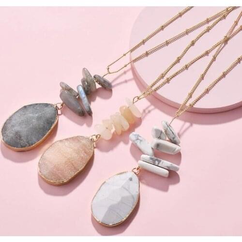 HUIDANG Gold Plating Dainty Long Ball Chain Natural Opal Labradorite Stack Stone Pendant Necklaces for women