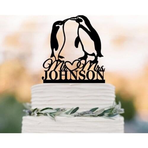 Penguins wedding cake topper mr and mrs, penguin silhouette cake topper with heart decor, funny acrylic cake topper