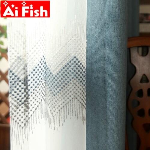 Nordic Simple High-end Embroidery Blue Wave Curtains For living room Solid Thicker Blue Blackout Bedroom Curtains Drapes MY063-5