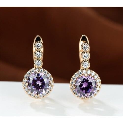 Cute Purple Crystal Hoop Earrings Rose Gold Color Small Earrings Aqua Blue Zircon Round Stone Earrings For Women Wedding Jewelry