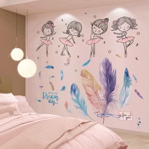 [shijuekongjian] Ballets Girl Wall Stickers DIY Feathers Wall Decals for Kids Rooms Baby Bedroom Dormitory House Decoration