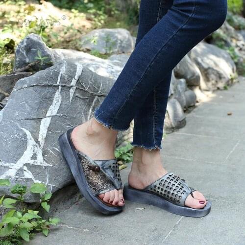 Womens Handmade Retro Leather Clip Toe Slippers Female Flip Flops Lady Casual Slides Grey/Coffee