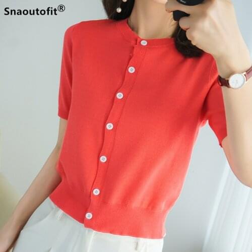 Short-Sleeved Cotton Knitted Cardigan Womens Summer Outer Wear 2021 New Spring Round Neck T-Shirt Slim Thin Half-Sleeved Top