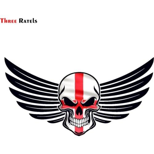 Three Ratels FTC-795# 20x10.9cm Gothic Skull With Wings Motif St Georges Cross England Flag External Vinyl Motorcycle Sticker