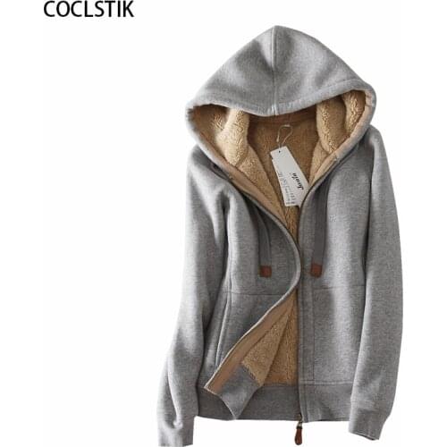 High Quality Winter Wool Womens Gray Hooded Jackets Women Hoodie Coat Thicken Warm Cotton Female Thermal Sweatshirt Jacket S-3XL