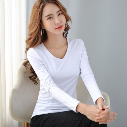 Women Tees Autumn And Winter Pure Color Elegant Tees Bottom Shirt Womens V Neck Long Sleeve Sport Casual Cotton Women Tops