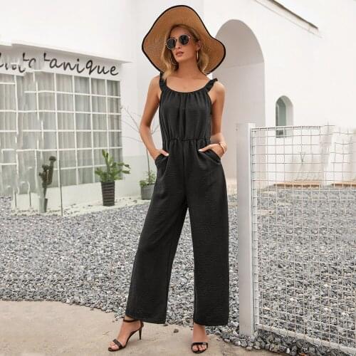 Women Jumpsuits New Summer Lady Casual Suspenders Elastic Waist Slimming Playsuit Female Fashion Sleeveless Solid Pocket Rompers