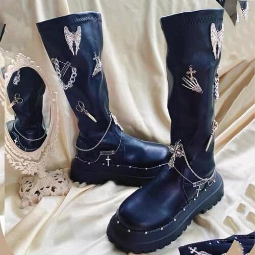 Womens Knee Thigh Boots Cross Metal Chain Gothic Punk Shoes Platform Chunky Heel Creepers Japanese Harajuku Dark JK