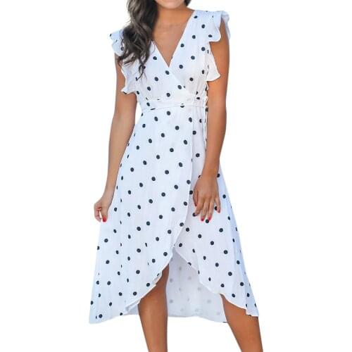 Womens Ladies Summer Sleeveless Printing Dot Flared Split Dress Beach Casual Yellow Sundress Fad Plus Size Dress Summer