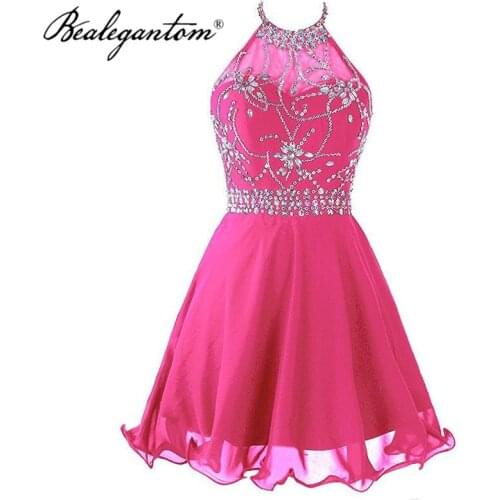 Bealegantom Lavender Royal Blue Halter Short Prom Dresses Beaded Evening Cocktail Homecoming Party Gown Robes De Soiree PD1270